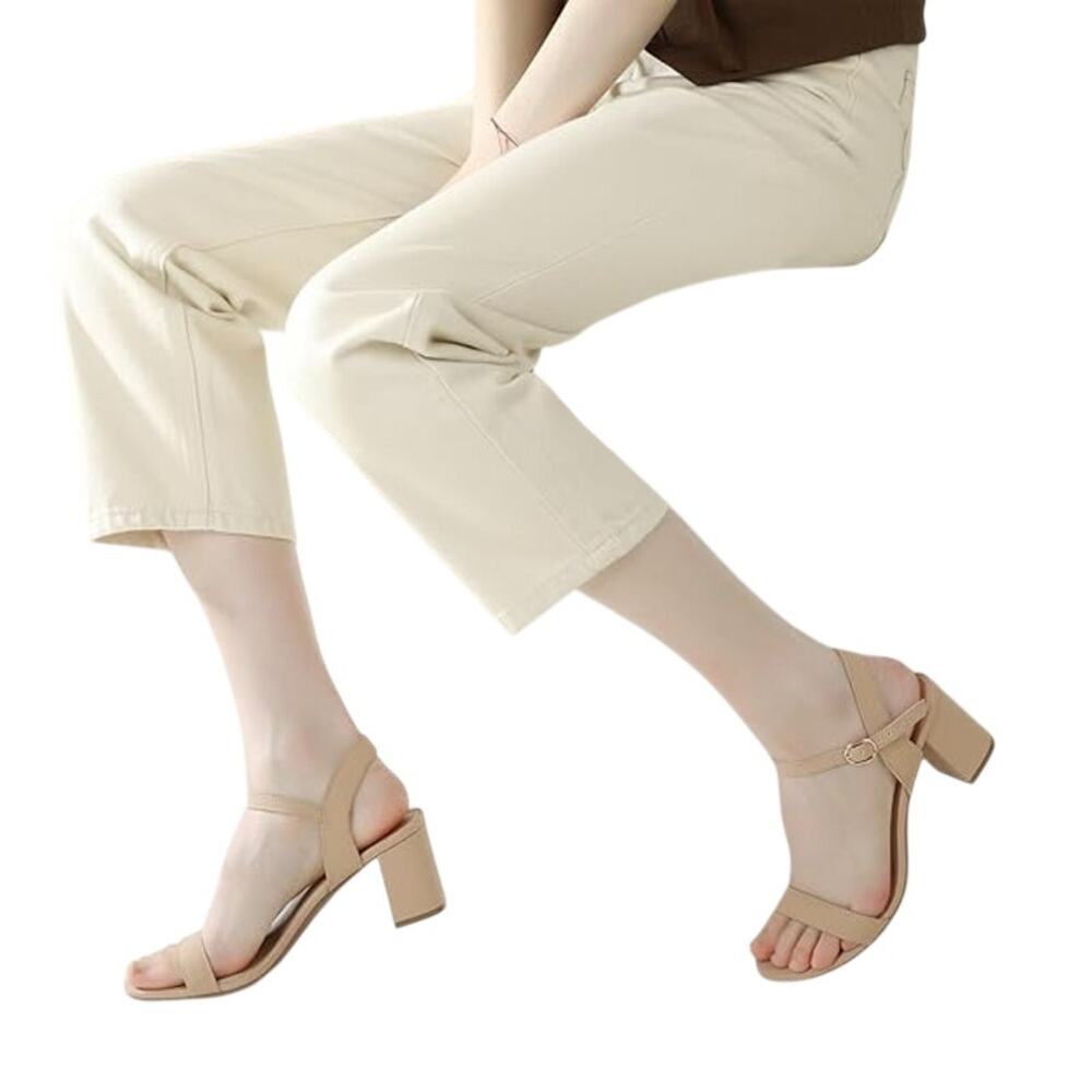 Ankis Womens Size 8 Tan Nude 2.5" Block Heels Open Round Toe Ankle Strap Shoes - Picture 2 of 5